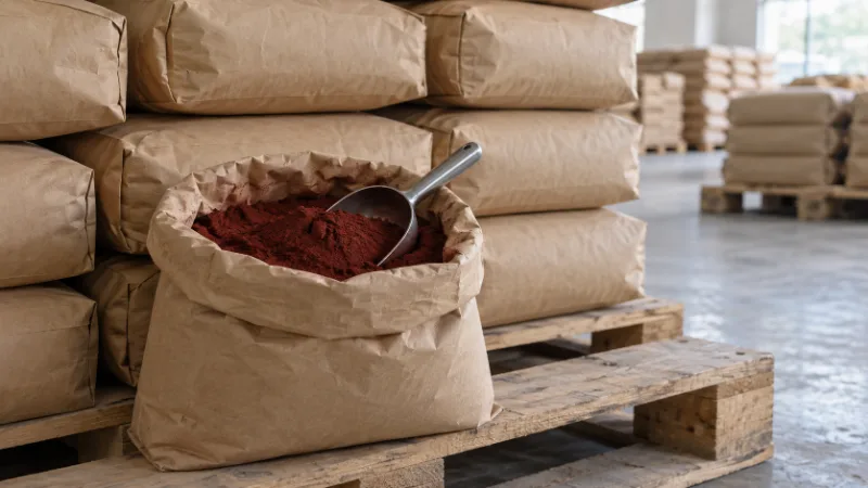 Bolsas de papel madera apiladas sobre pallets y una bolsa abierta con pigmento rojo óxido en polvo y una pala de acero