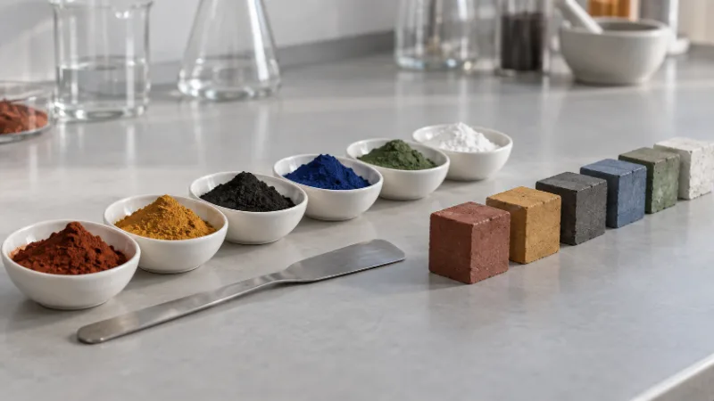 Seis cápsulas de porcelana con pigmentos en polvo rojo, ocre, negro, azul, verde y blanco, una espátula y seis cubos de mortero de colores parecidos sobre una mesada de laboratorio