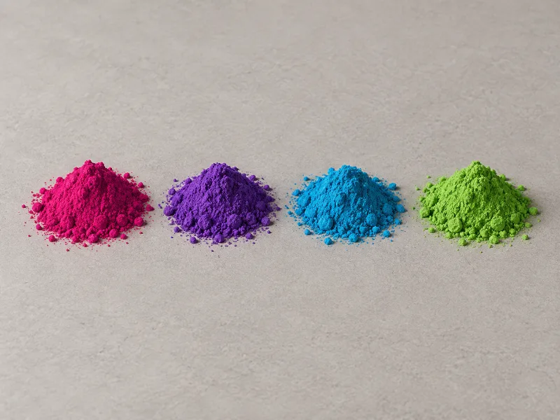 Cuatro montículos de pigmento en polvo magenta, violeta, celeste y verde sobre una superficie gris
