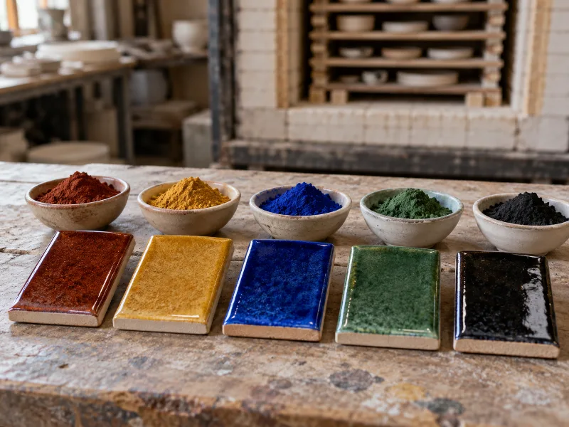 Azulejos de prueba esmaltados en marrón rojizo, ocre, azul, verde y negro, con cuencos de pigmento en polvo sobre una mesa de taller cerámico