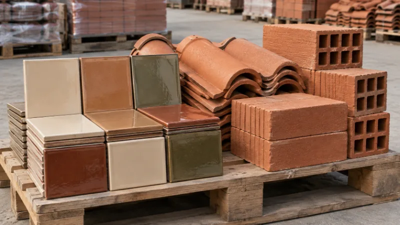 Revestimientos esmaltados, tejas y ladrillos cerámicos sobre un pallet