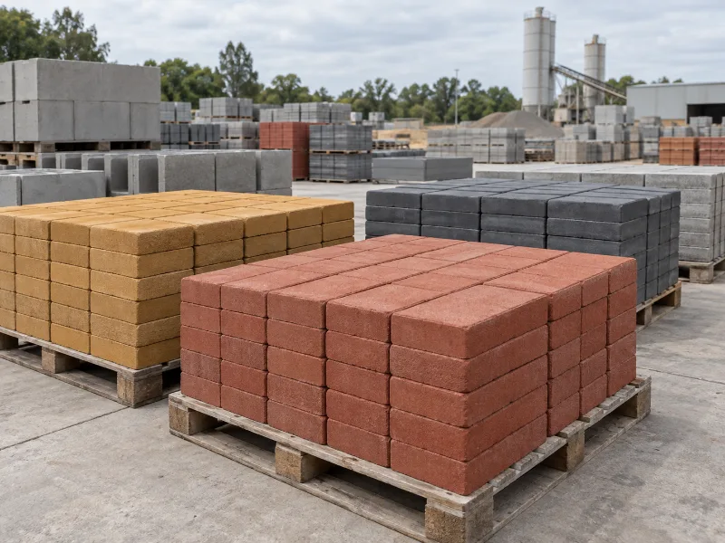 Pallets con bloques de hormigón premoldeado rojos, amarillos y grises en el patio de una planta