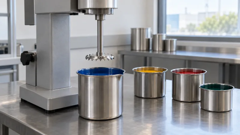 Dispersor de laboratorio y vasos de acero con pinturas azul, amarilla, roja y verde