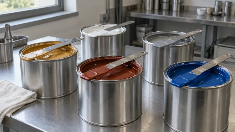 Latas abiertas con pinturas industriales ocre, rojo óxido, blanca, gris y azul, cada una con su paleta
