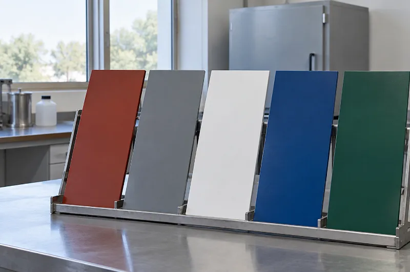 Paneles de acero pintados en rojo óxido, gris, blanco, azul y verde en un soporte de laboratorio
