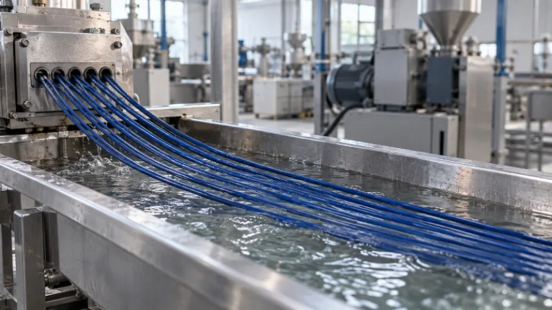 Hebras de plástico azul que salen del cabezal de una extrusora y se enfrían en una batea con agua, en una planta de compuestos
