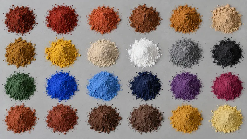 Montoncitos de pigmentos en polvo de muchos colores ordenados en filas sobre una superficie gris