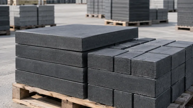 Adoquines y losetas de hormigón negro y gris oscuro apilados sobre un pallet