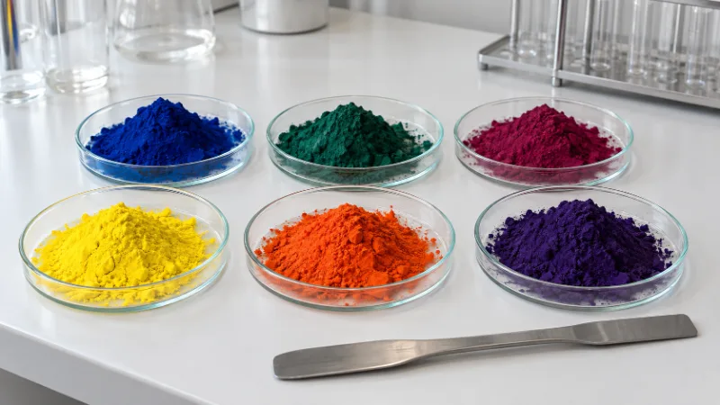 Seis cápsulas de vidrio con pigmentos orgánicos en polvo azul, verde, magenta, amarillo, naranja y violeta, con una espátula