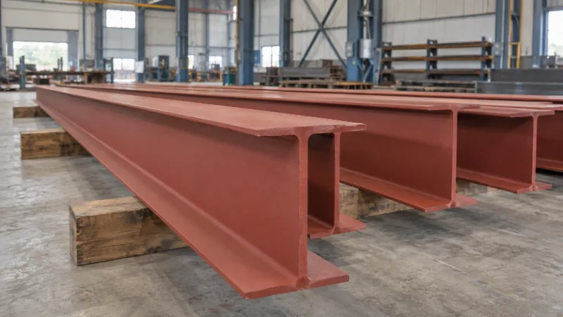 Vigas de acero pintadas con antióxido rojo, apoyadas sobre tacos de madera en un taller