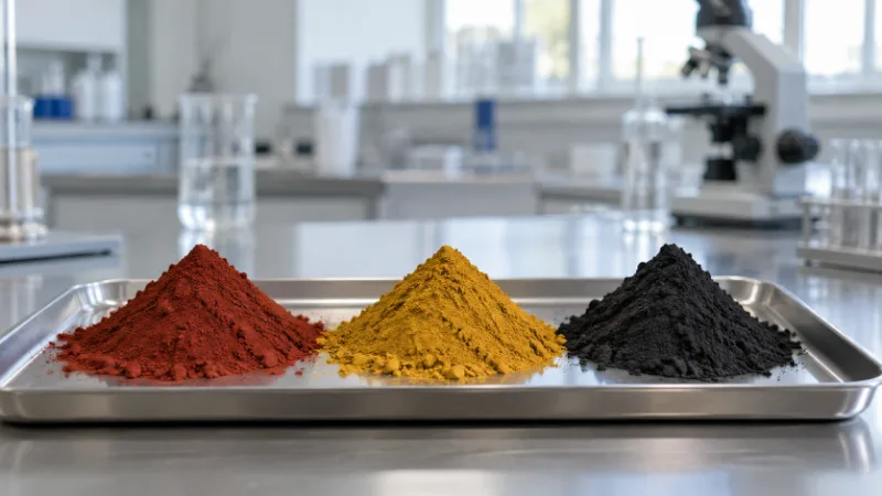 Tres montículos de óxido de hierro en polvo, rojo, amarillo y negro, sobre una bandeja de acero en una mesada de laboratorio